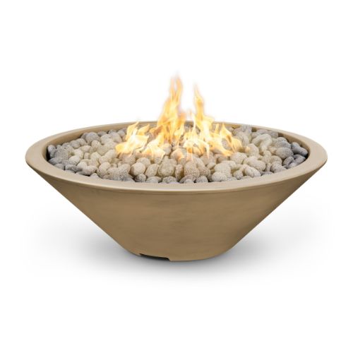 Cazo 48 inch fire pit with a narrow lip finished in brown and polished lava rock.