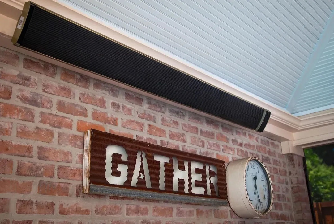 Radtec E-series patio heaters mounted above brick wall