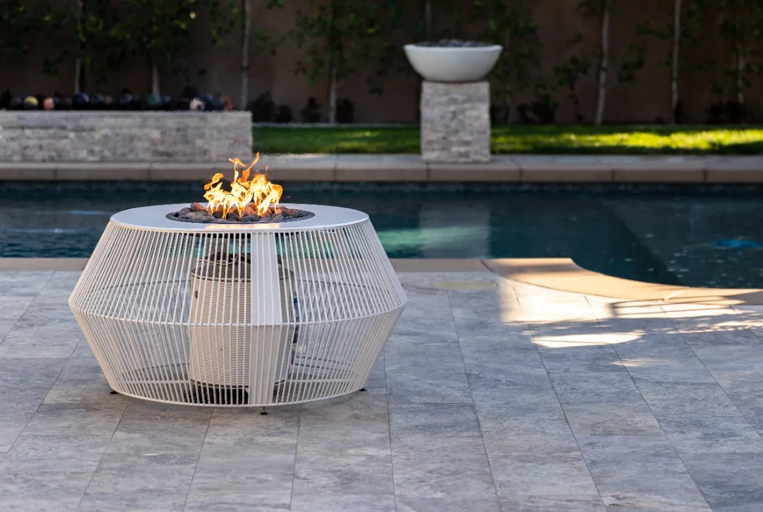 The Outdoor Plus Cesto fire pit white powder coat backyard fire