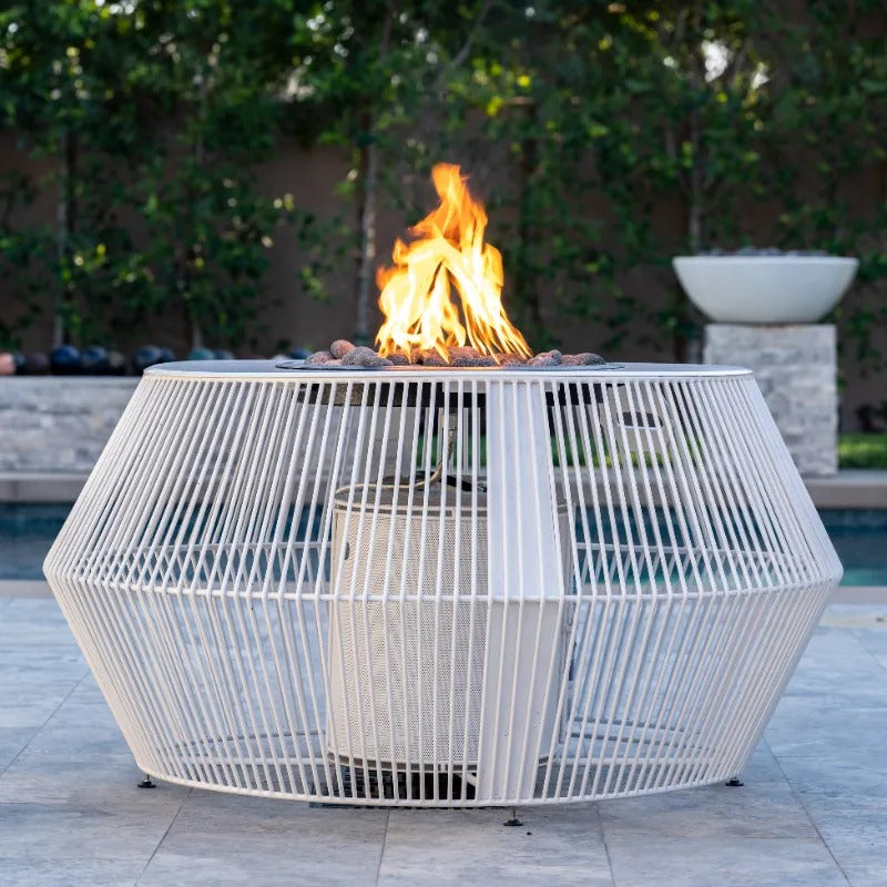 The Outdoor Plus Cesto fire pit white powder coat patio close up