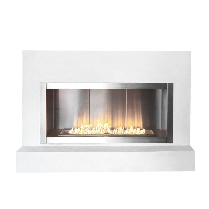 The Outdoor Plus Huntington fireplace lit