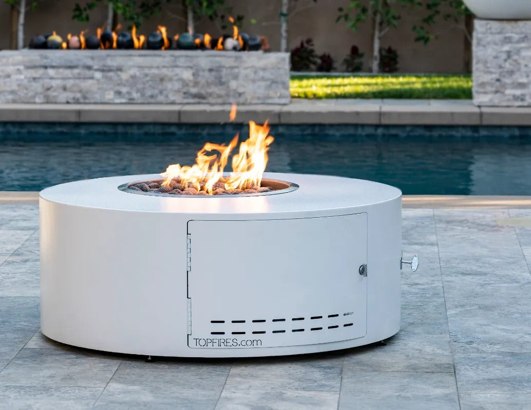 The Outdoor Plus Isla fire pit powder coat white poolside