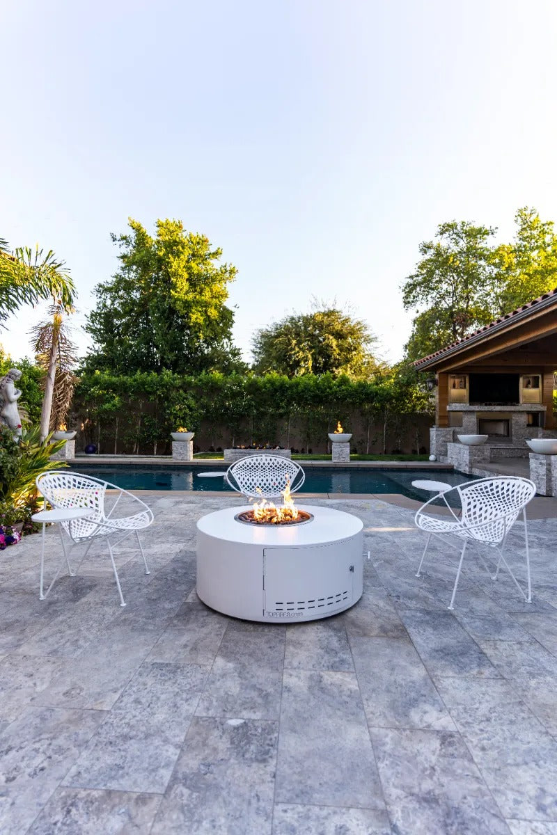 The Outdoor Plus Isla fire pit white powder coat backyard entertainment
