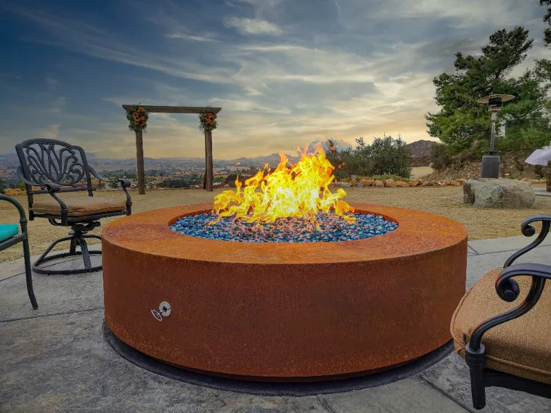 Unity fire pit corten steel ranch patio evening