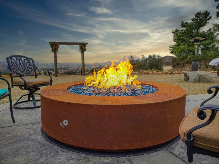 Unity fire pit corten steel ranch patio evening
