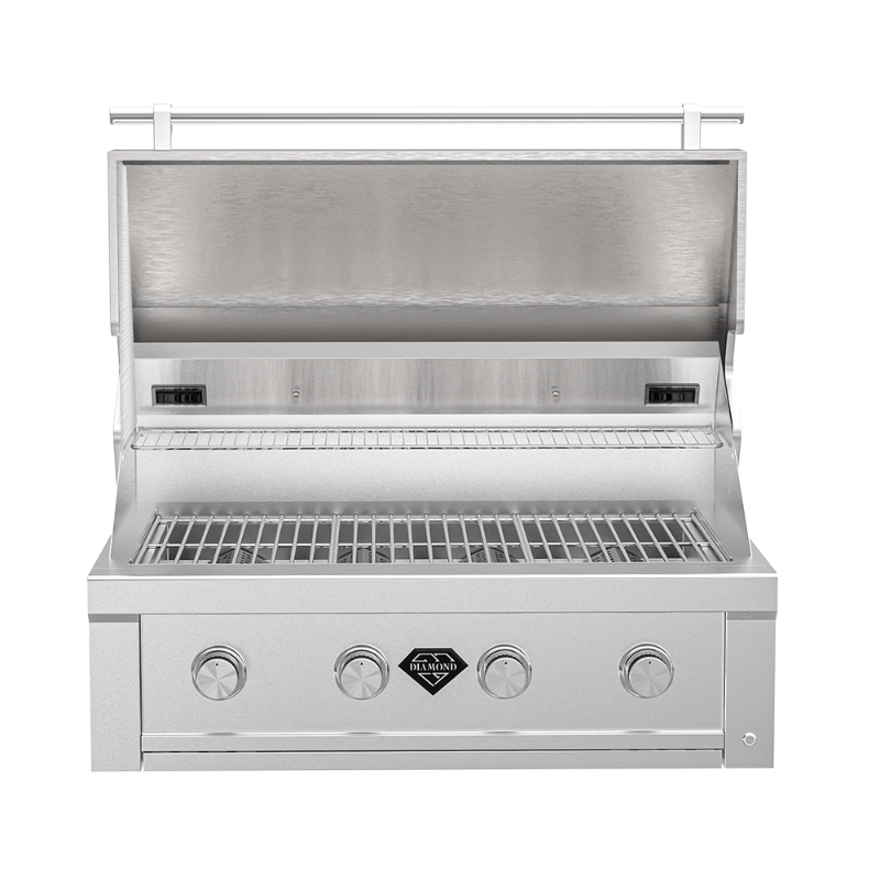 Front view of an Outdoor Plus 36 inch Diamond Series stainless steel barbeque with the lid open.