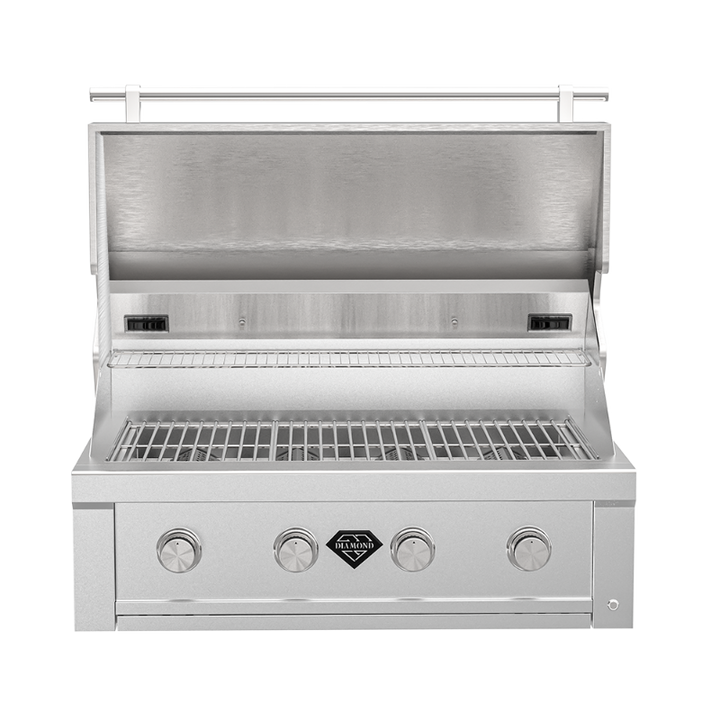 Front view of an Outdoor Plus 36 inch Diamond Series stainless steel barbeque with the lid open.