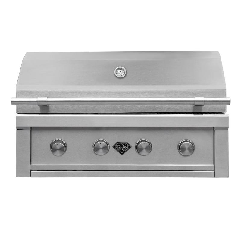 Front view of The Outdoor Plus 36 inch Diamond Series BBQ with the lid closed.