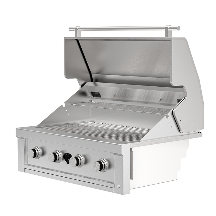 Open lid on a 36 inch Diamond series stainless steel barbecue.