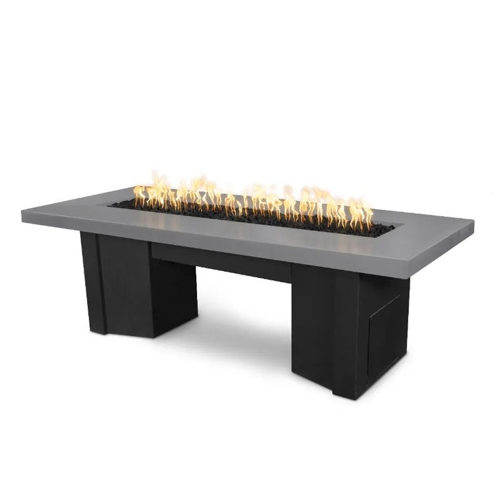 Alameda fire table with a powder coat black base with a GFRC natural gray top.