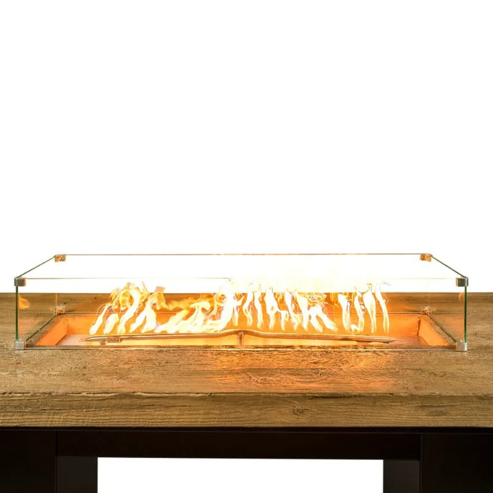 Close up of Alameda oak woodgrain top with glass wind screens.