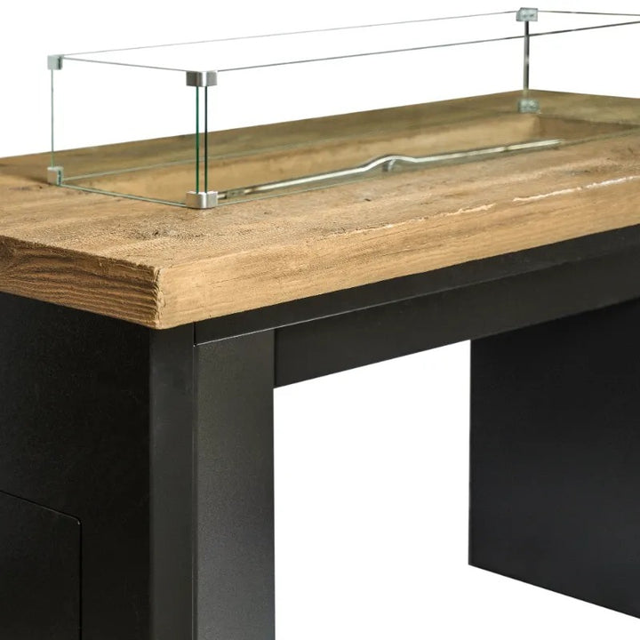Close up of an Alameda fire table with an oak woodgrain top.