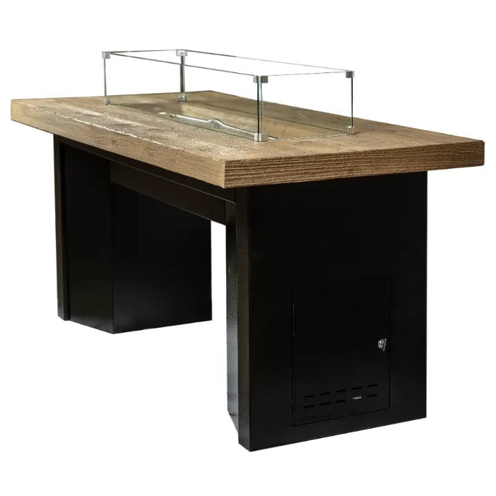 Alameda fire table with a GFRC oak woodgrain top and a black powder coat base.