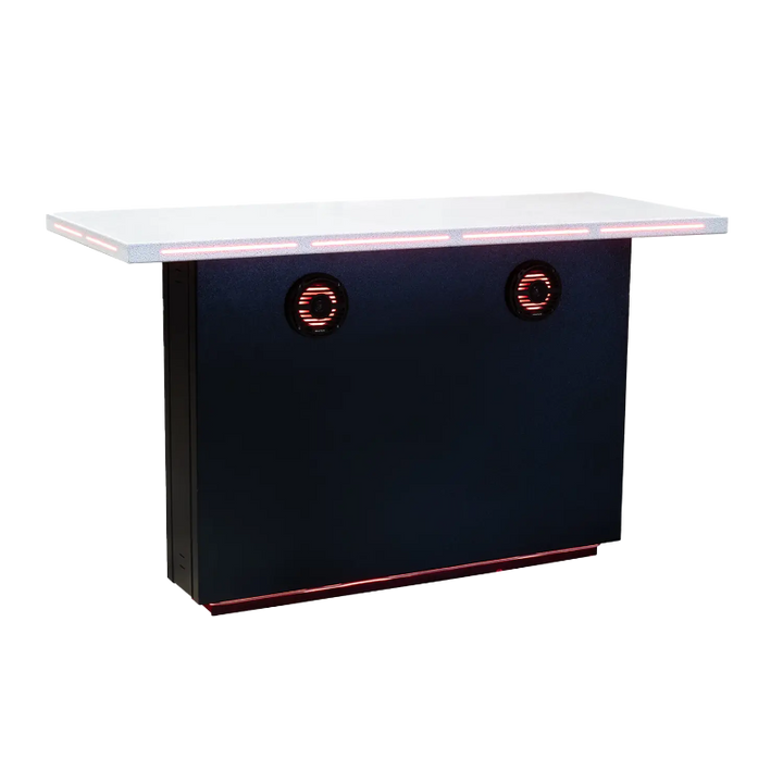 Side view of the Alta 72 L R BBQ island with the LED lights on.