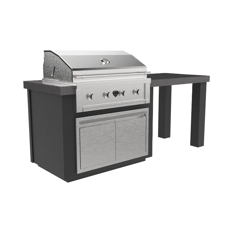 A front view of the Alta 84 T BBQ island with a 36 inch Diamond grill and a side table.