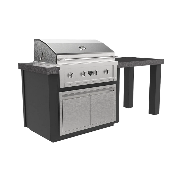 A front view of the Alta 84 T BBQ island with a 36 inch Diamond grill and a side table.