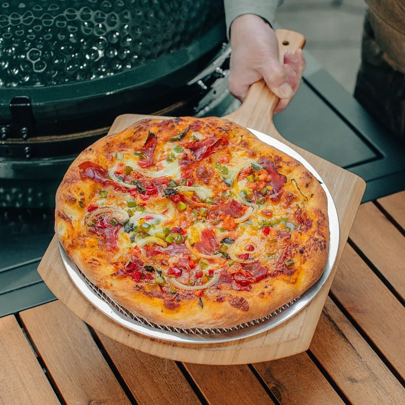 Big Green Egg Pizza Peel and screen hot pizza