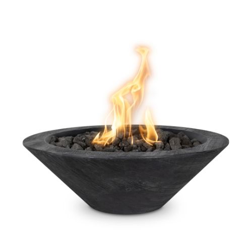 Cazo fire bowl with an ebony wood grain finish made of GFRC.