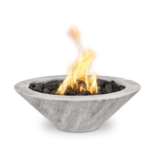 Cazo fire bowl with an ivory wood grain finish made of GFRC.