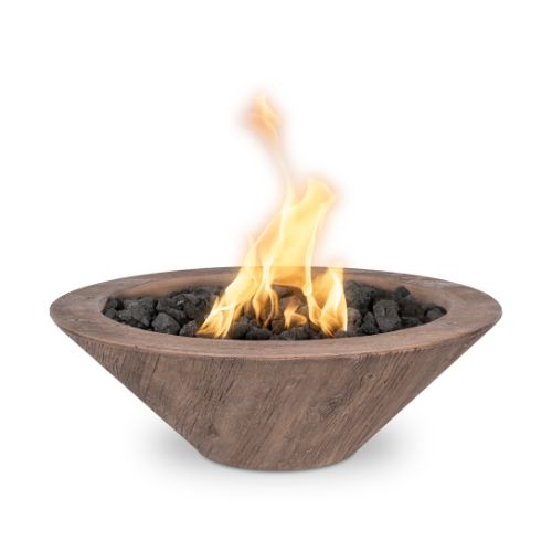 Cazo fire bowl with an oak wood grain finish made of GFRC.