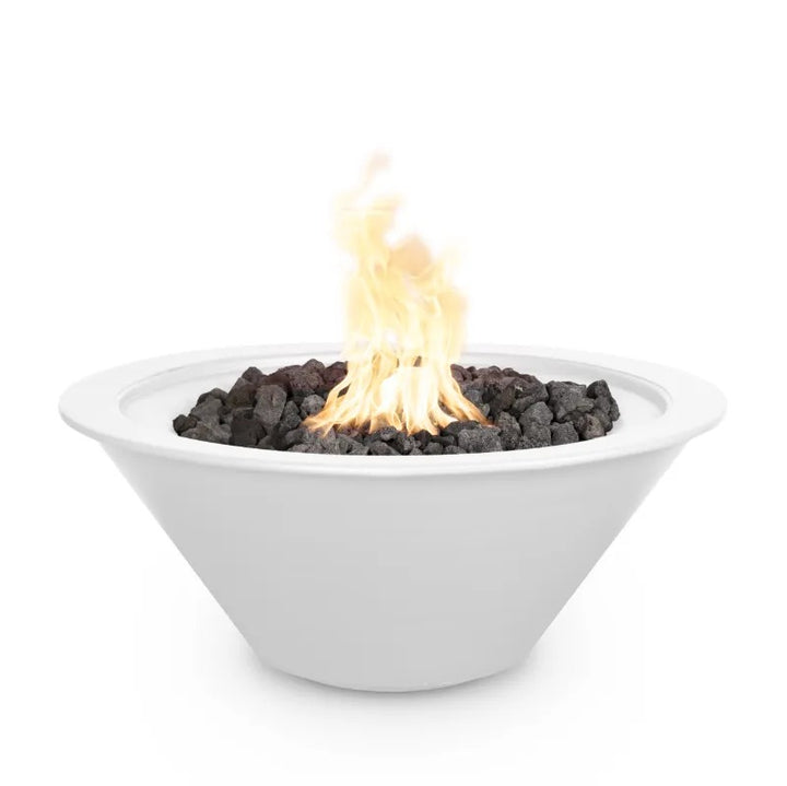 Cazo fire bowl white powder coated finish with fire and lava rock.