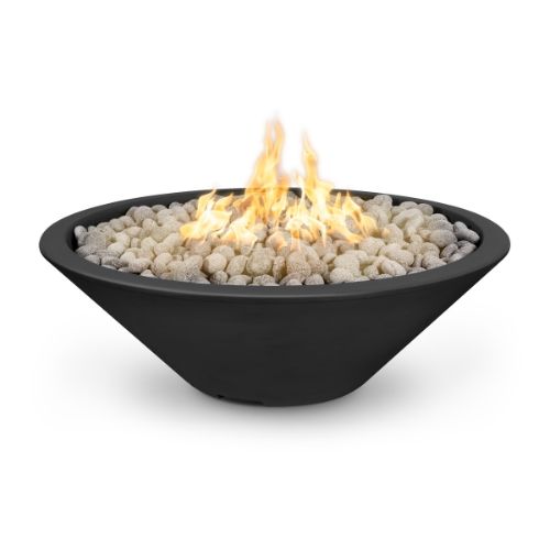 Cazo 48 inch fire pit with a narrow lip finished in black and polished lava rock.