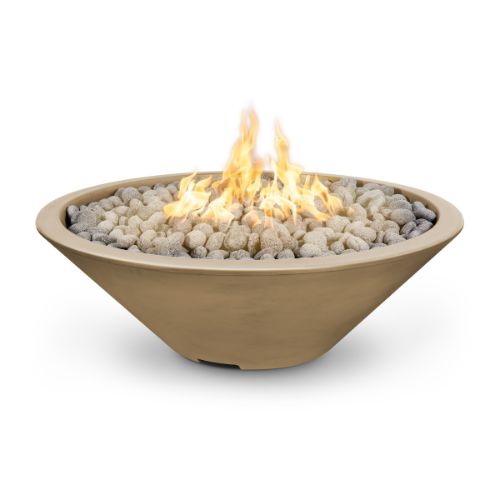 Cazo 48 inch fire pit with a narrow lip finished in brown and polished lava rock.