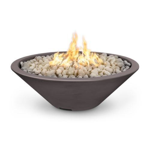 Cazo 48 inch fire pit with a narrow lip finished in chestnut and polished lava rock.