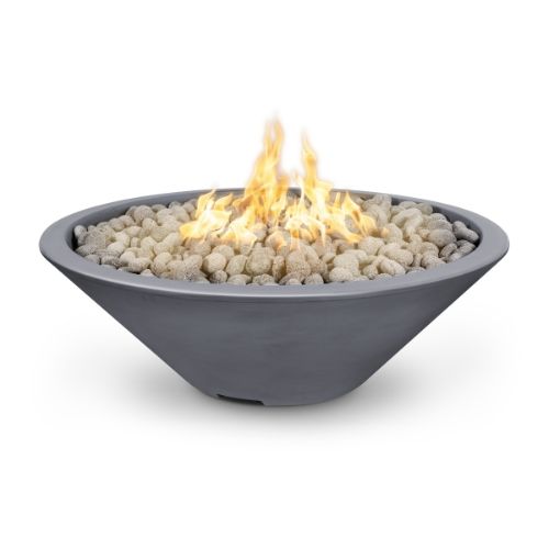 Cazo 48 inch fire pit with a narrow lip finished in gray and polished lava rock.