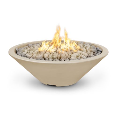 Cazo 48 inch fire pit with a narrow lip finished in vanilla and polished lava rock.