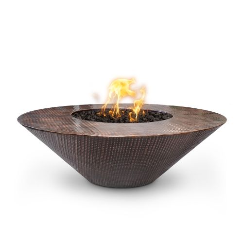 Cazo 48 inch copper firepit with a wide ledge and a hammered copper finish.