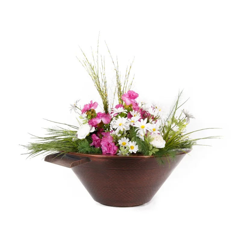 Cazo copper planter and water bowl with a hammered patina.