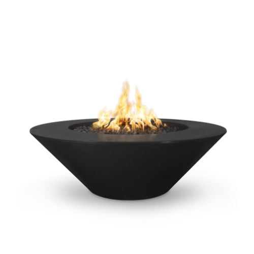 Large Cazo fire pit with a wide ledge and a black GFRC finish.