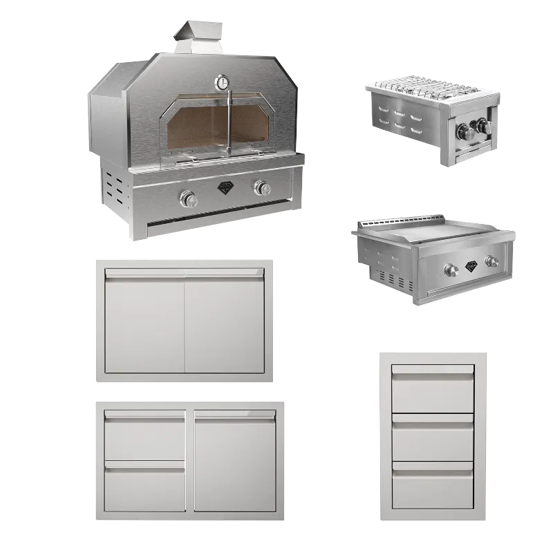 The Outdoor Plus Diamond Pizza Oven Signature Collection 4 with 36" pizza oven, 30" griddle, double side burner.