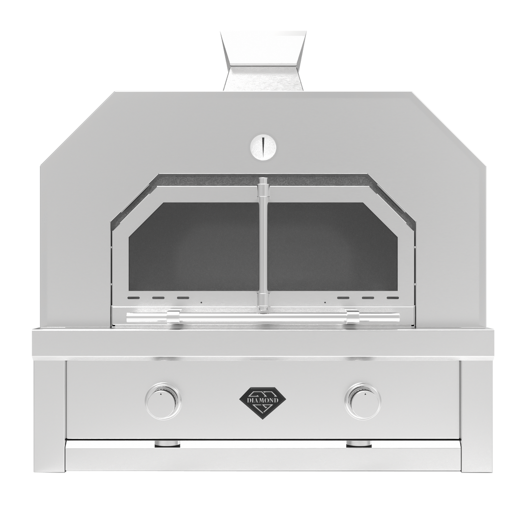 The Diamond Pro Pizza Oven a front view - stainless steel, with a huge cooking area.