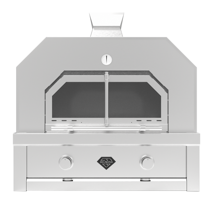 The Diamond Pro Pizza Oven a front view - stainless steel, with a huge cooking area.