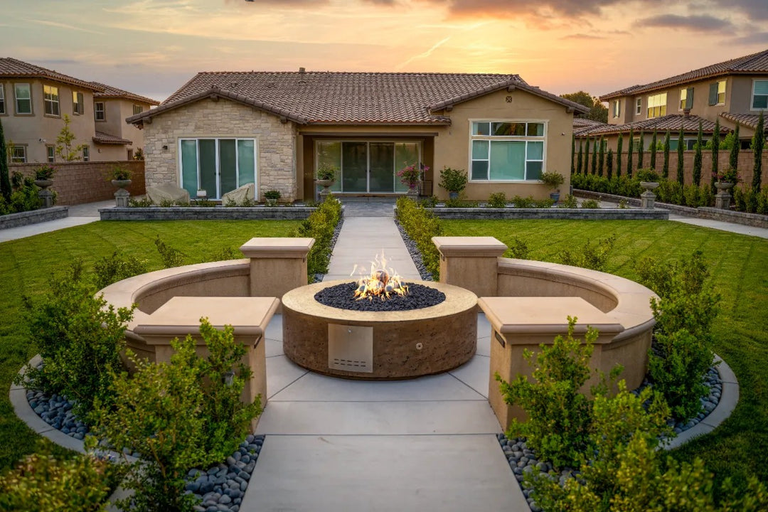 Florence fire pit rustic brown 72 inch front of house