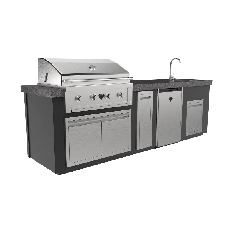 A Luxe 112I outdoor kitchen with 36 inch Diamond grill, fridge and sink.