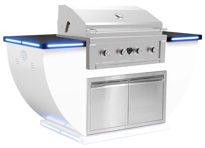 Luxe 84I Legacy BBQ Island in white and blue finish with LED lights.