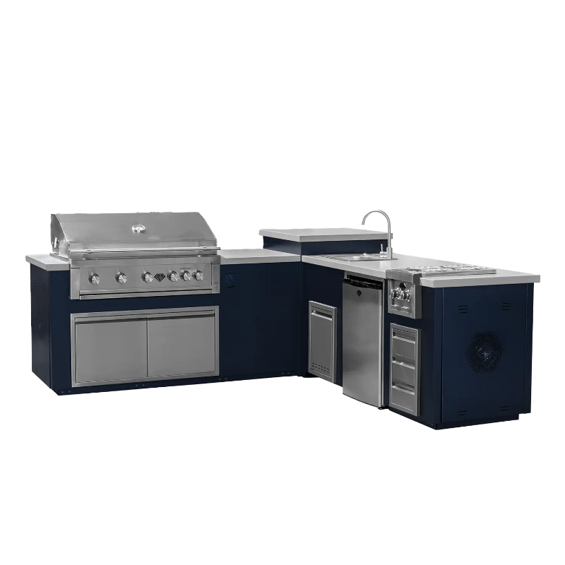 Maestro112LB R DAS outdoor kitchen with a 42 inch BBQ, sink, fridge, side burner, built in fire pit and lots of storage space in blue.