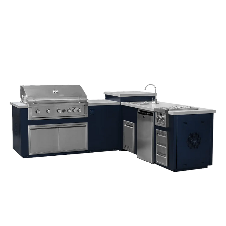 Maestro112LB R DAS outdoor kitchen with a 42 inch BBQ, sink, fridge, side burner, built in fire pit and lots of storage space in blue.