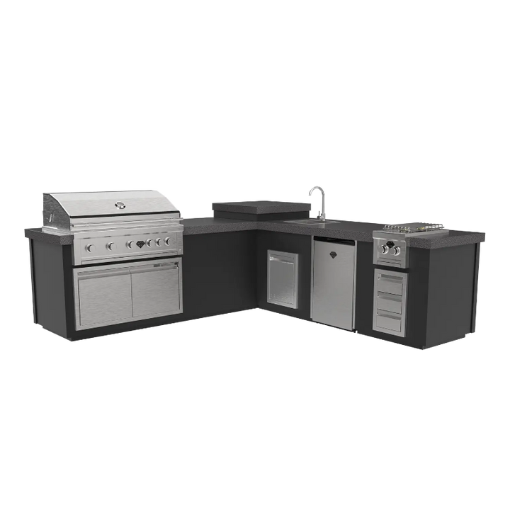 Maestro112LB R DAS outdoor kitchen with a 42 inch BBQ, sink, fridge, side burner, built in fire pit and lots of storage space in gray.