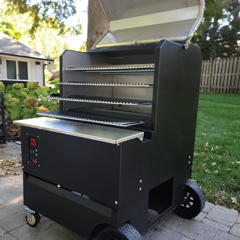 Myron Mixon Barq 2400 wood pellet grill right side open