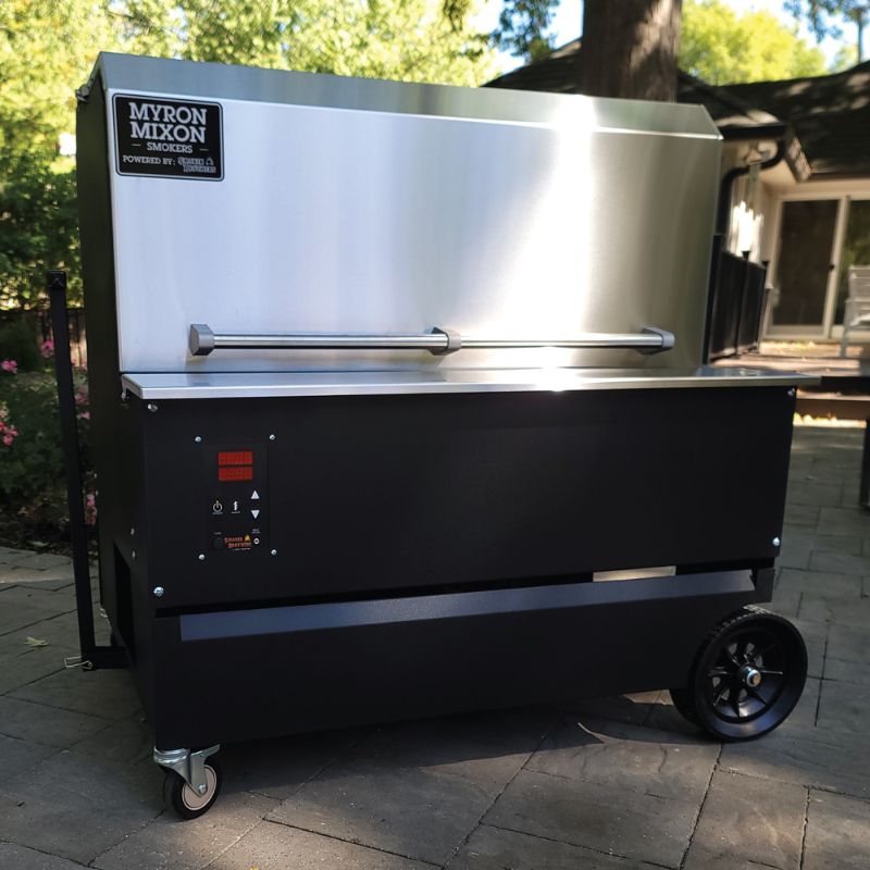 Myron Mixon Barq 3600 wood pellet grill front angle
