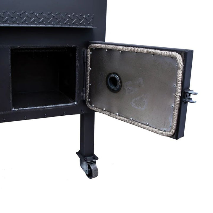 Old Country BBQ Pits Gravity Fed Smoker charcoal door open