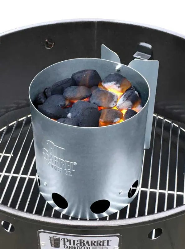 Pit Barrel Cooker Chimney Starter on grill