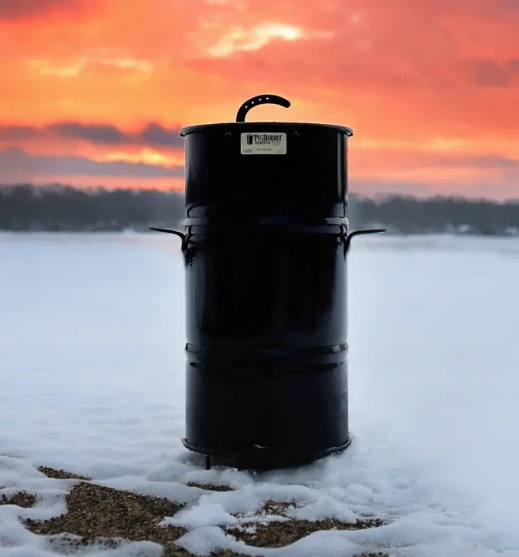 Pit Barrel Cooker Co Junior 14 inch cooking in the snow