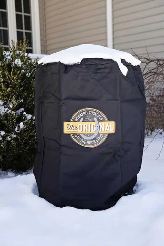 Pit Barrel Cooker Custom Cover in the snow