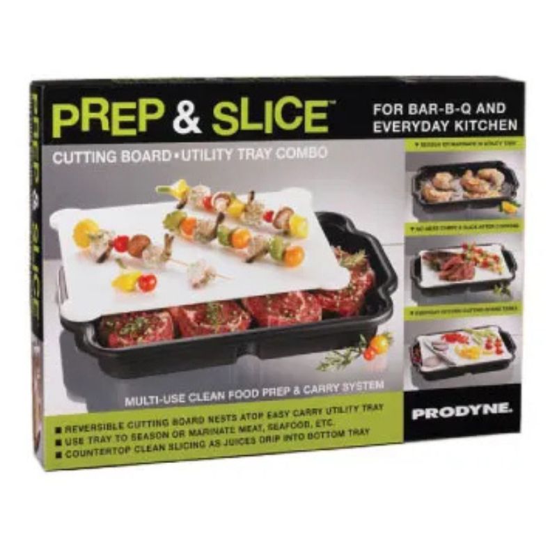 Box of Prep & Slice cutting board and utility tray combo with images of food preparation on a white background.