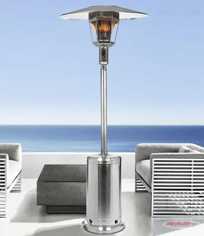 RADtec Real Flame Propane Patio Heaters Stainless Steel on the patio